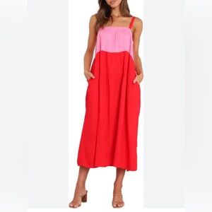 Petal + Pup Aliana Red Pink Colorblock Linen Midi Dress S Coquette Clean Girl